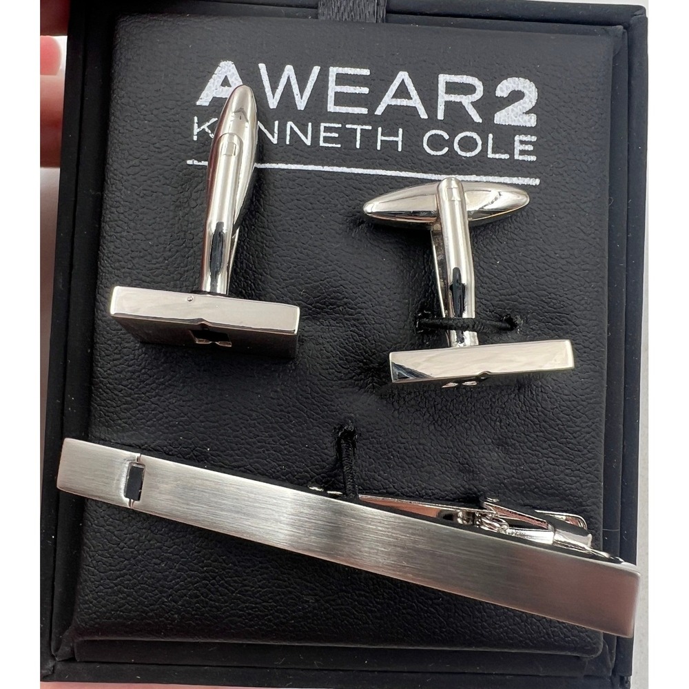 AWEAR2 Kenneth Cole Cufflinks & Tie Bar Set Men's Silver Tone Black Enamel NIB